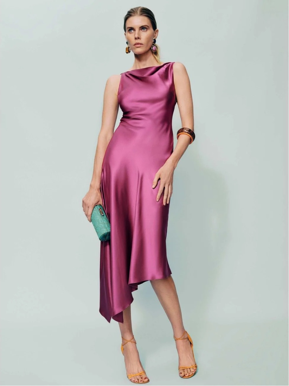 Reformation Scotia Satin Asymmetrical Midi Dress in Magenta